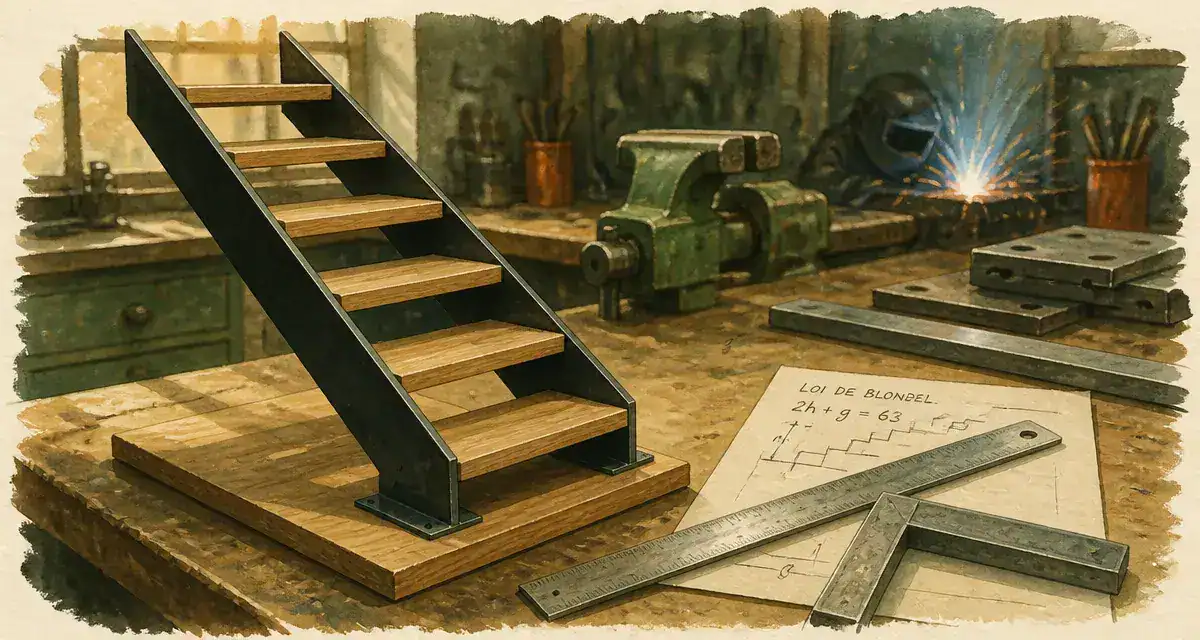 Fabriquer un escalier en metal : maquette acier noir sur établi, règles et équerre