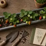 fraisier dans gouttière zinc avec fraises mûres