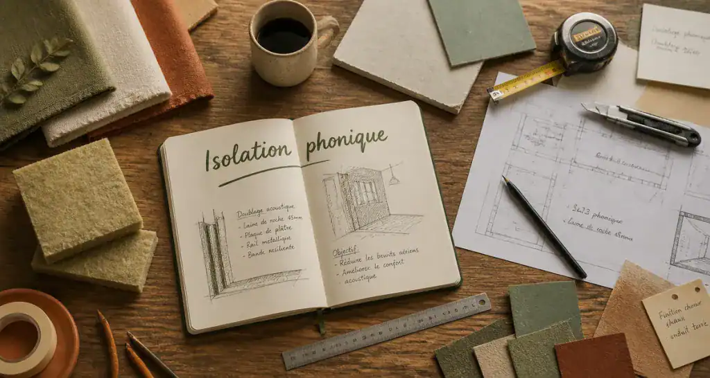 Isoler phoniquement une pièce, échantillons et outils sur table