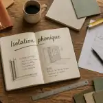 Isoler phoniquement une pièce, échantillons et outils sur table