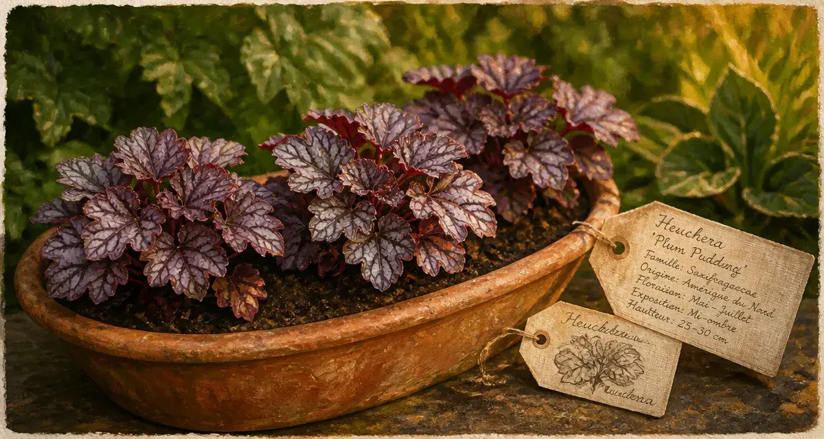 Les plus belles heuchères en jardinière terre cuite, feuilles pourpres et argentées
