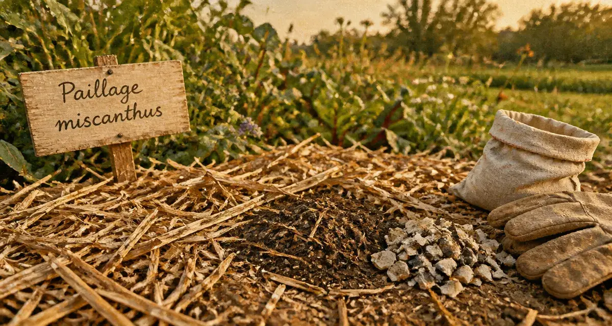 Miscanthus inconvénient : paillage au miscanthus broyé sur sol, microfaune sous écran