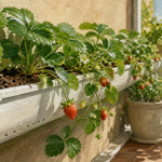 Plantation fraisier en hauteur : gouttière PVC avec fraisiers retombants sur balcon