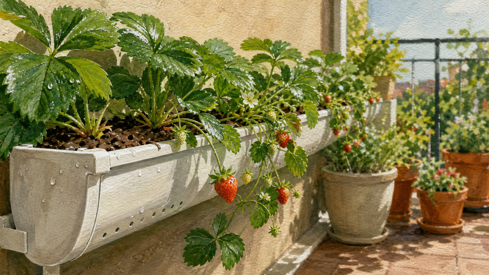 Plantation fraisier en hauteur : gouttière PVC avec fraisiers retombants sur balcon