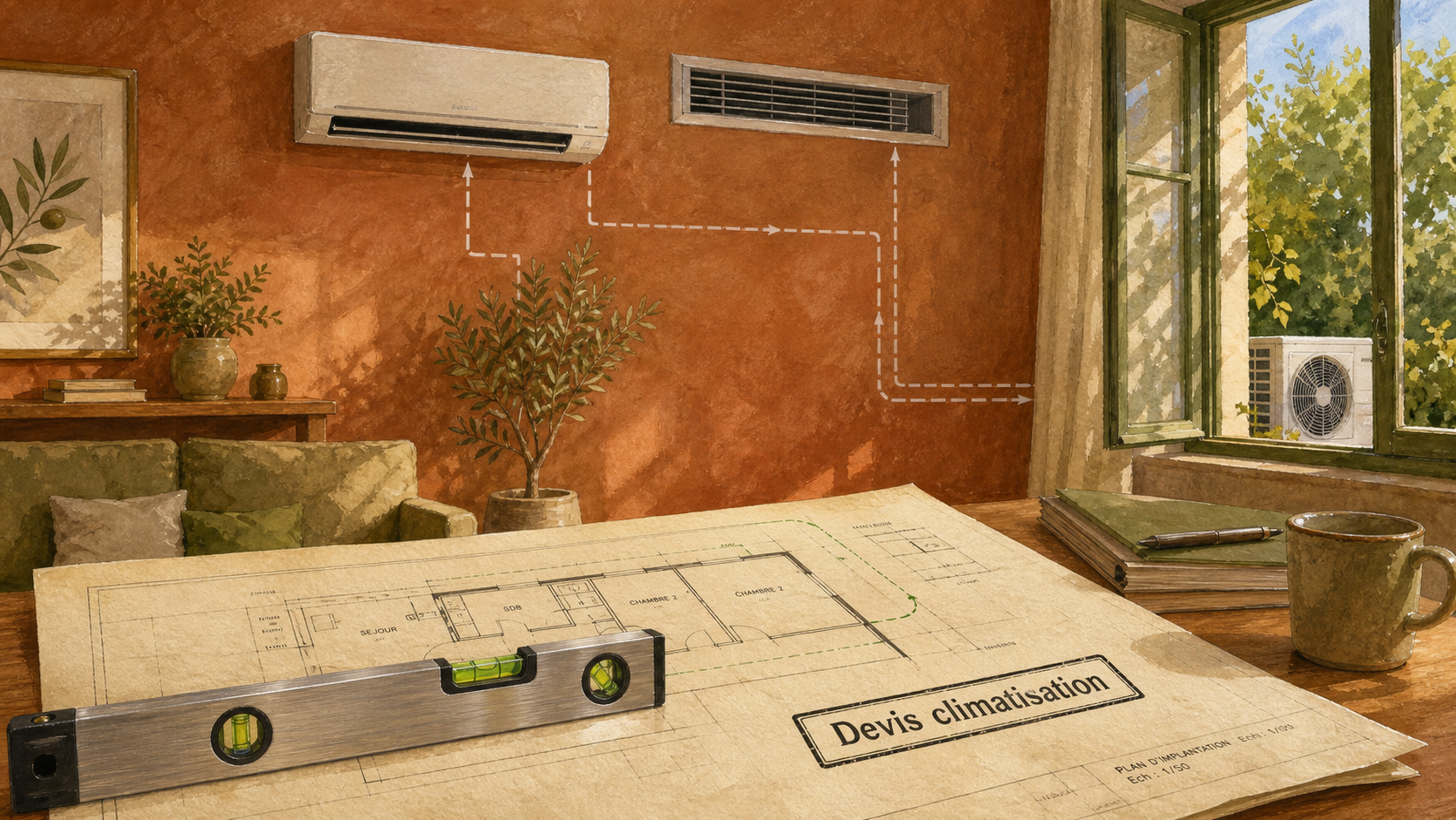 Prix climatisation maison 100m2 : devis clim, salon avec unités intérieures et groupe extérieur