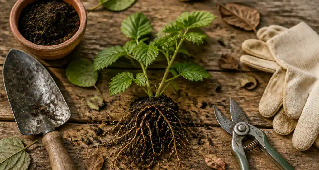 quand repiquer des framboisiers, jeune plant racines exposées