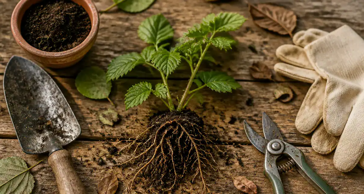 quand repiquer des framboisiers, jeune plant racines exposées