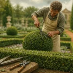 Quand tailler les buis : jardinier taille une bordure de buis