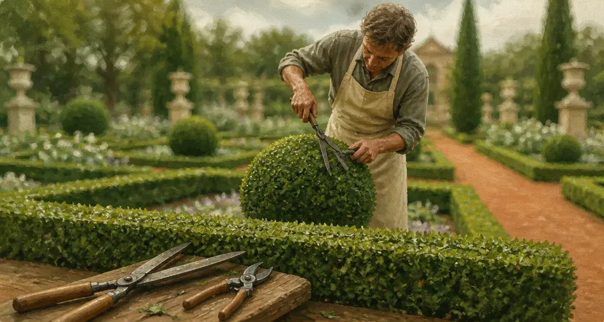 Quand tailler les buis : jardinier taille une bordure de buis