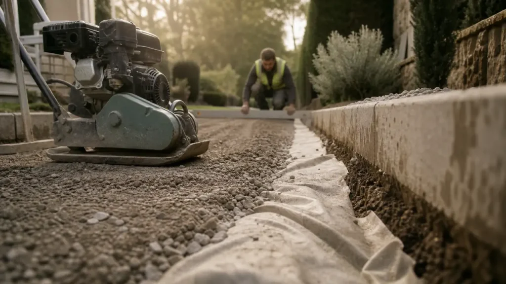 Allée carrossable pas cher en gravier, bordures et géotextile