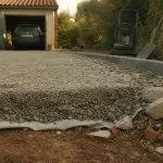 Allée carrossable pas chere en gravier stabilisé sur sol préparé : géotextile et bordures béton.