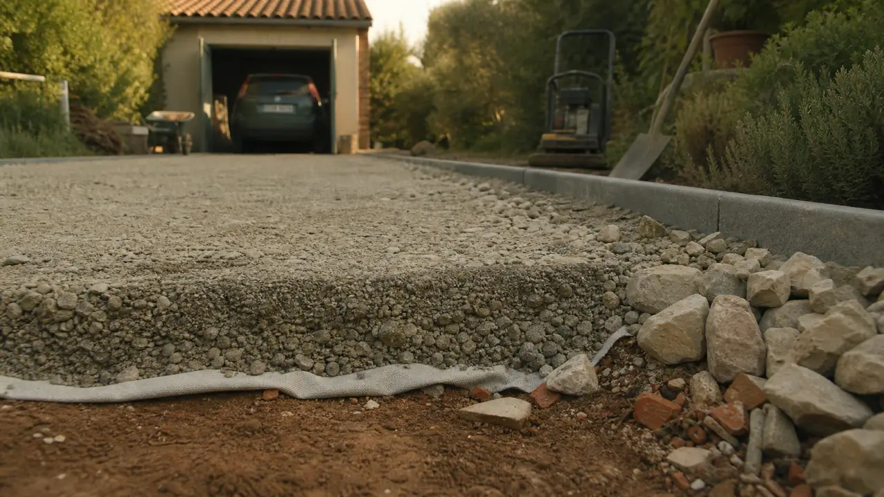 Allée carrossable pas chere en gravier stabilisé sur sol préparé : géotextile et bordures béton.