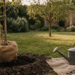 Arbre à planter : jeune arbre en terre avec tuteur et trou