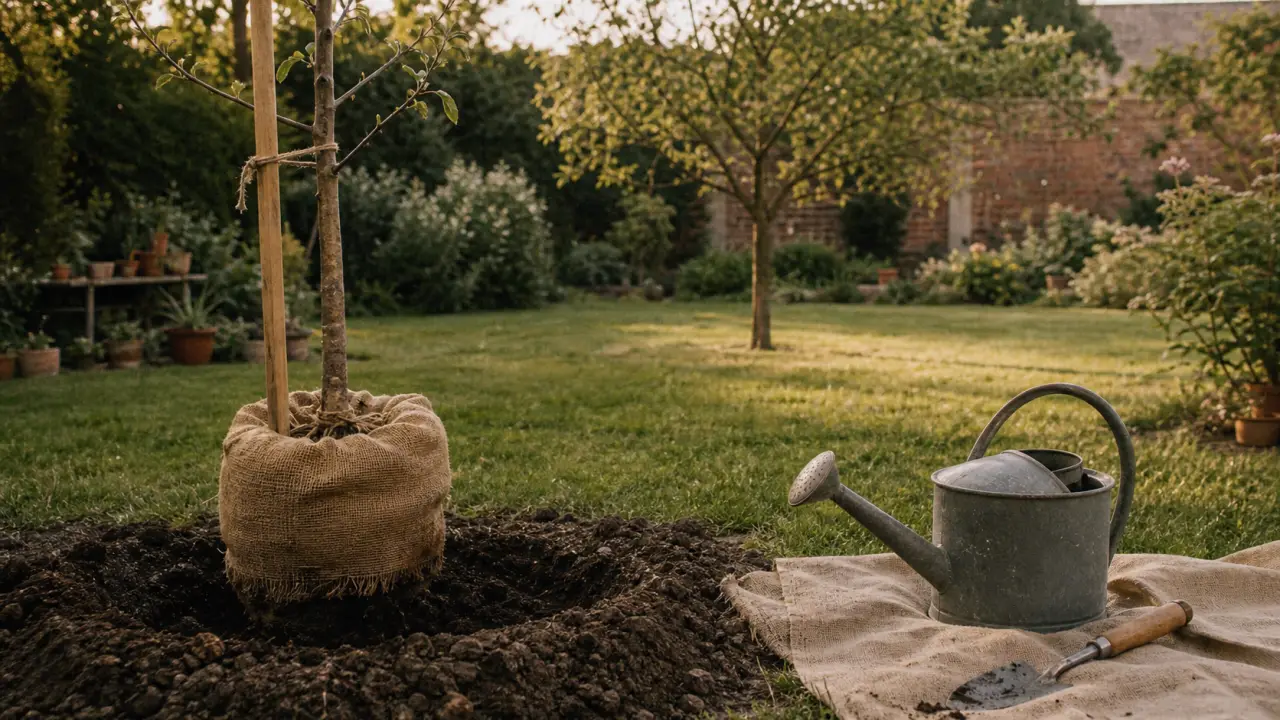 Arbre à planter : jeune arbre en terre avec tuteur et trou