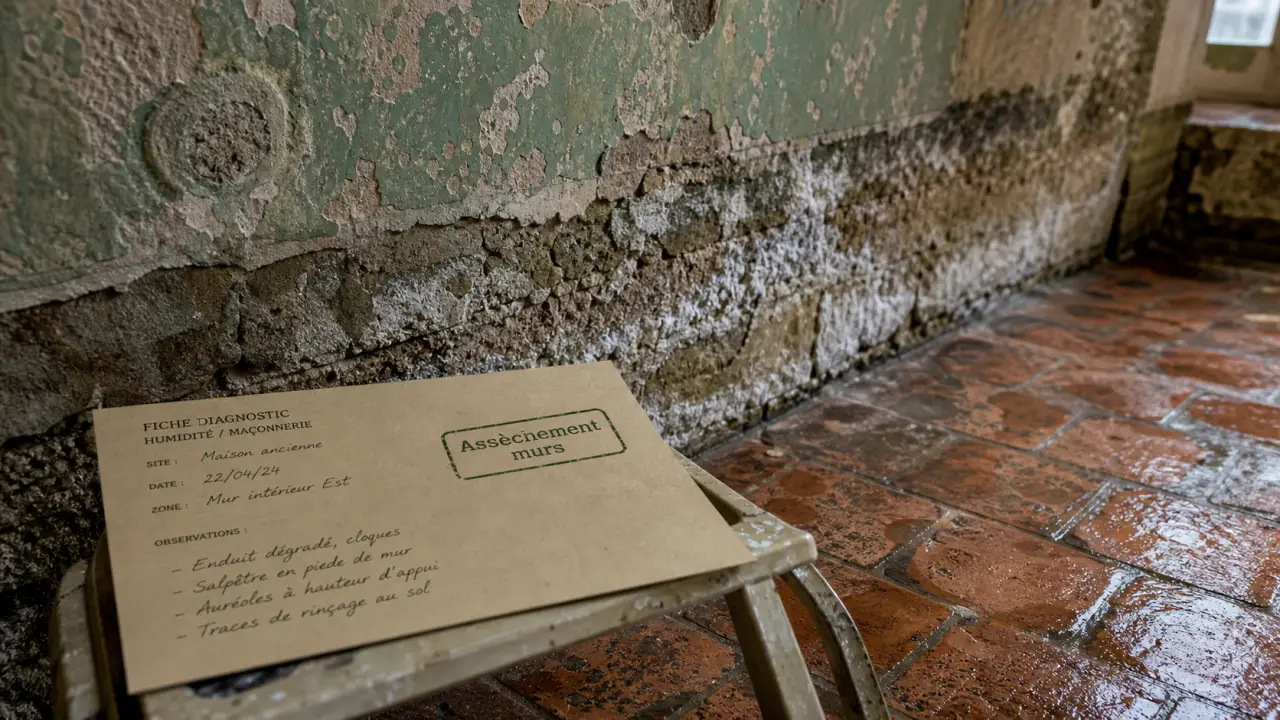 Assèchement des murs : mur humide avec salpêtre et traces d’humidité