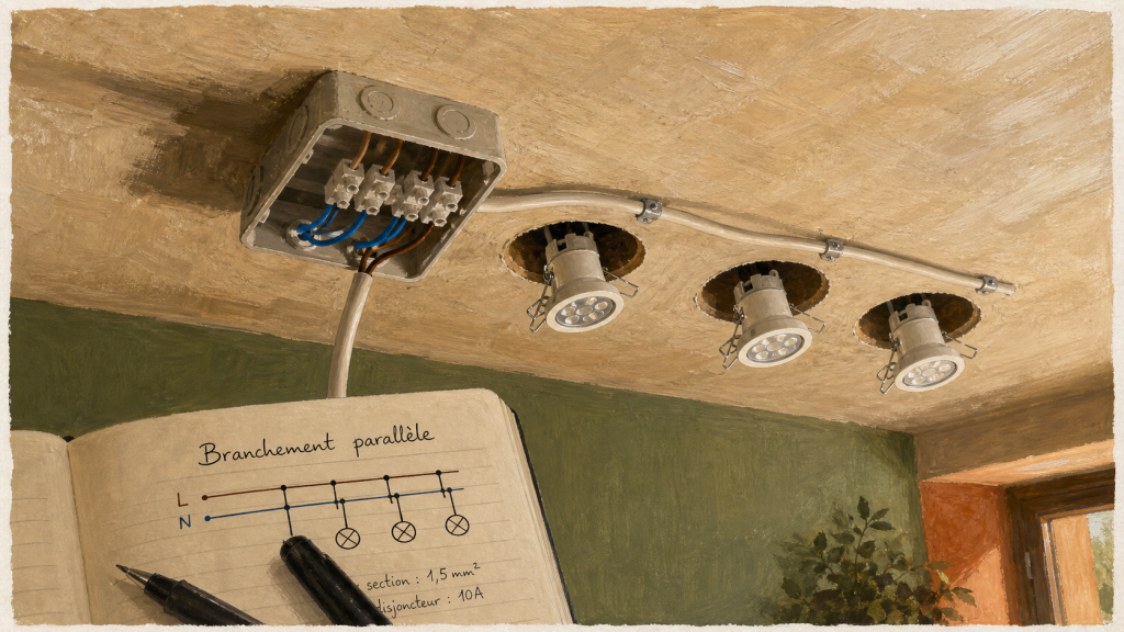 Branchement spot en parallèle : phase et neutre en boîte de dérivation pour spots LED