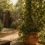 Brise vue plante sur terrasse avec grimpante dense sur treillis