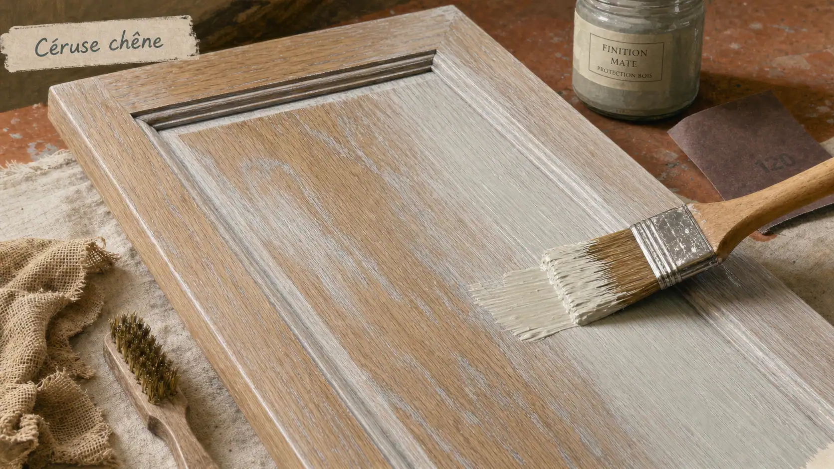 Ceruser un bois : pâte blanche sur chêne brossé, pores ouverts