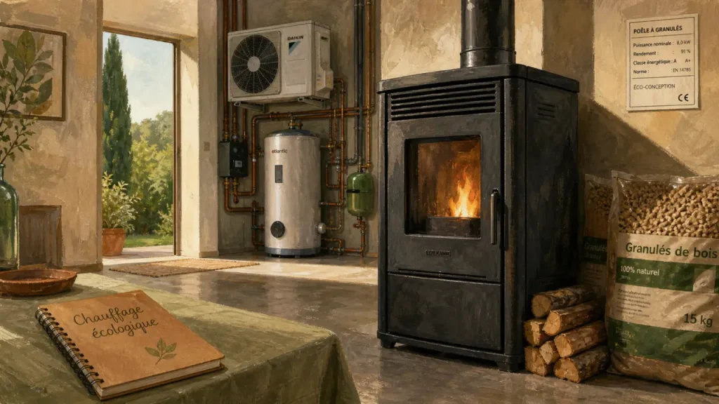 Chauffage écologique : poêle à granulés et pompe à chaleur dans une maison
