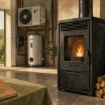 Chauffage écologique : poêle à granulés et pompe à chaleur dans une maison