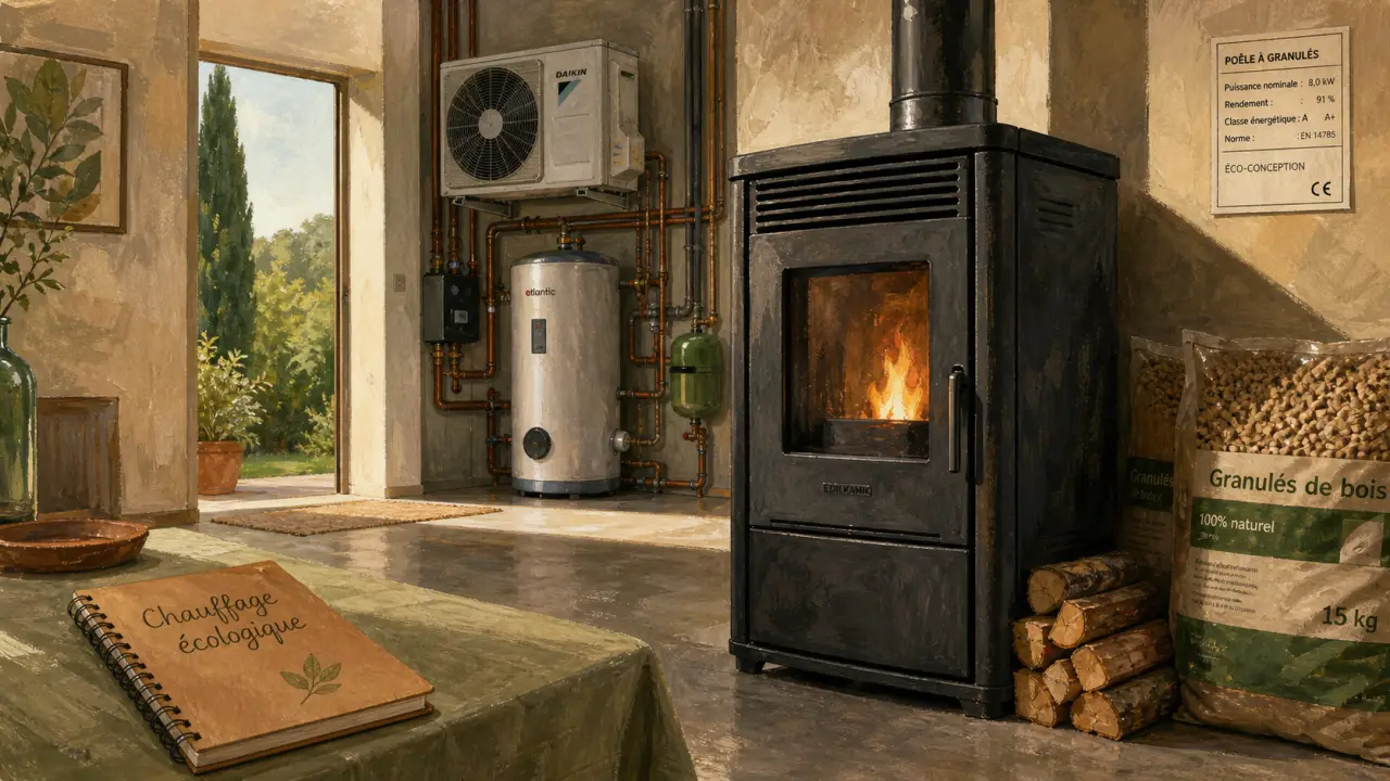 Chauffage écologique : poêle à granulés et pompe à chaleur dans une maison