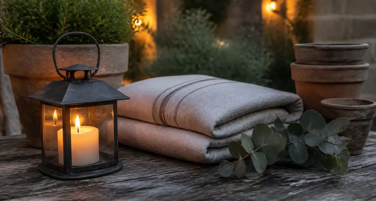 Décoration de terrasse avec lanterne, coussin en lin et pots en terre cuite