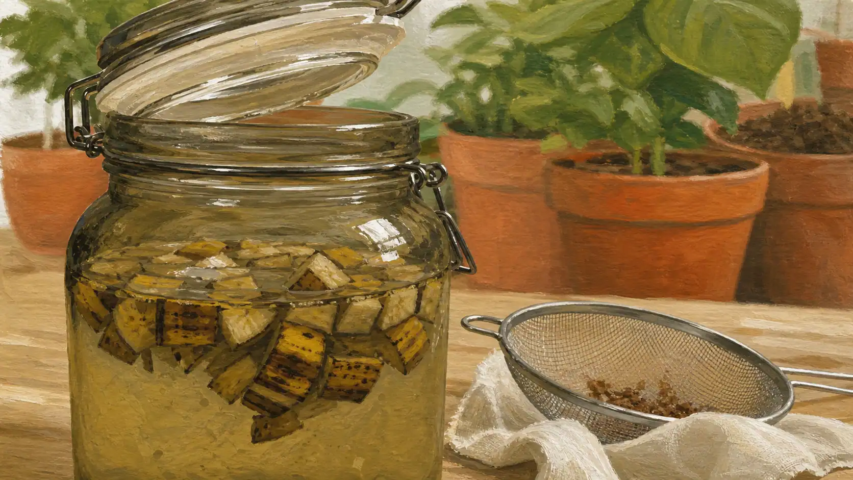 Engrais banane : peau de banane en macération 48-72 h dans bocal d’eau