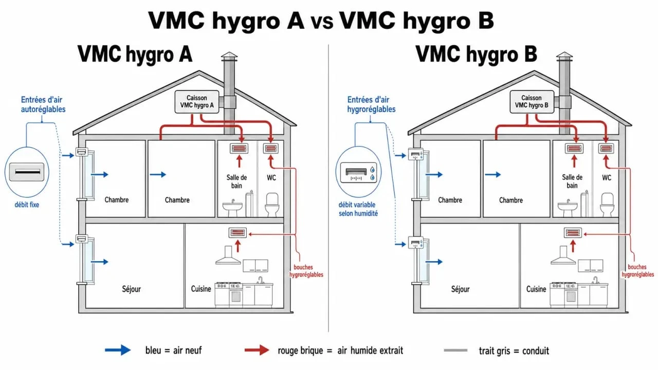 Hygroréglable a ou b : schéma comparatif des flux d’air entre VMC hygro A et VMC hygro B