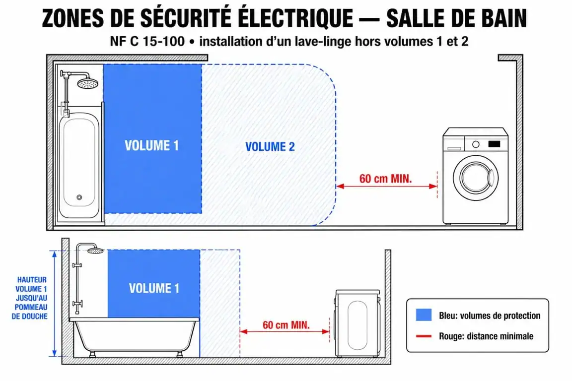 Schéma des zones de sécurité électrique pour l'installation d'un lave-linge dans une salle de bain