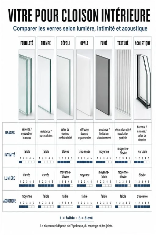 Vitre pour cloison intérieure : infographie comparative des types de verre et de leurs usages