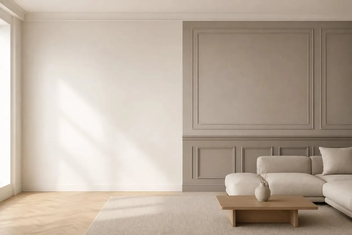 Exemple de papier peint soubassement dans un salon, avec effet avant/après et habillage mural élégant