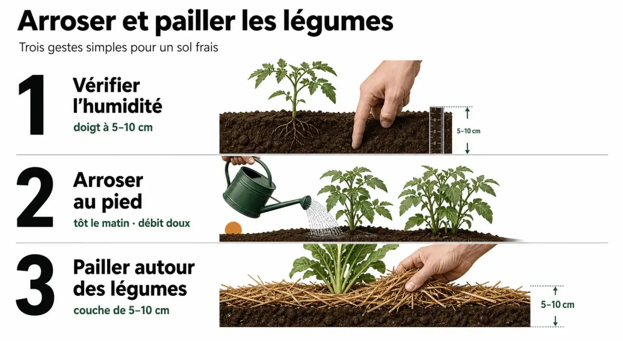 Comment bien arroser son potager : schéma en trois étapes pour vérifier le sol, arroser au pied et pailler