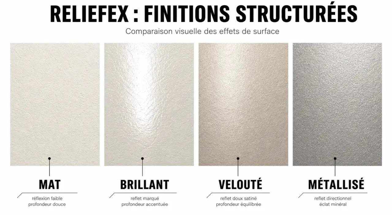 Comparatif enduit décoratif structuré Reliefex mat ou brillant avec rendus mat, brillant, velouté et métallisé