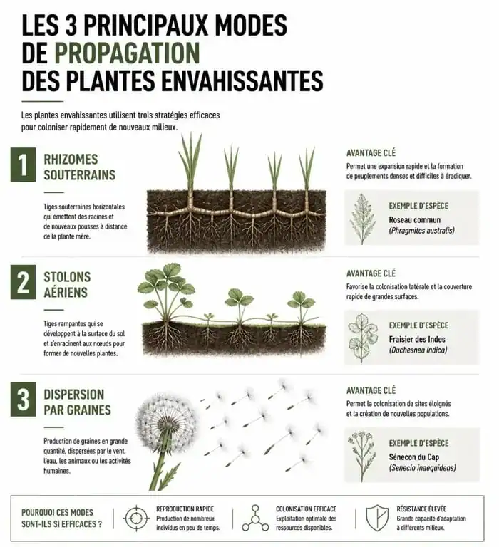 Infographie des modes de propagation des plantes envahissantes au jardin