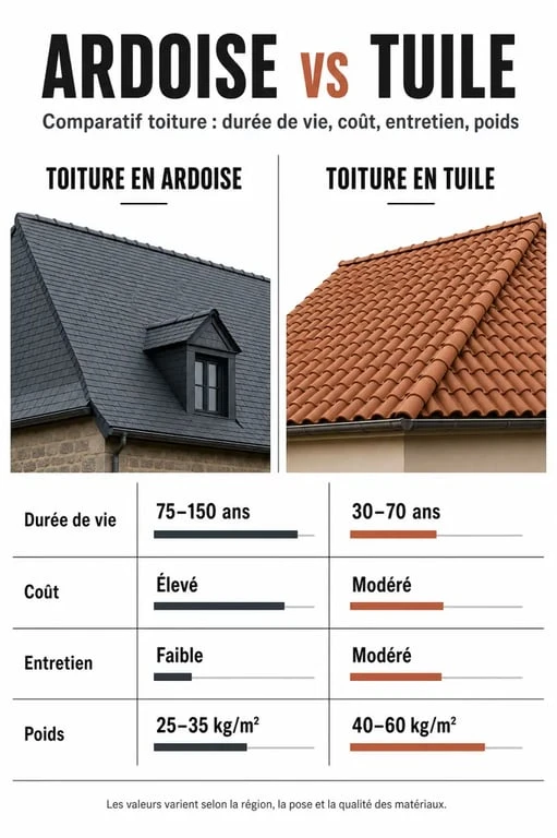 Comparatif toiture ardoise vs tuile : durée de vie, prix et entretien