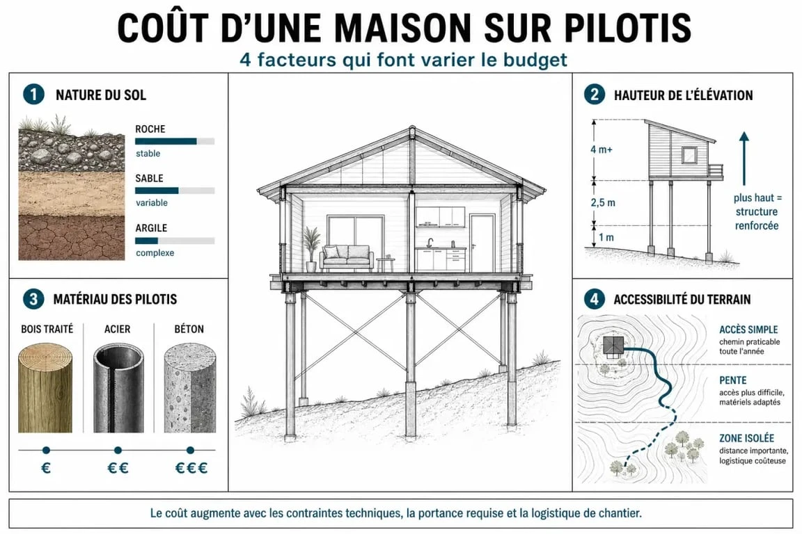 Infographie des facteurs de coût pour la construction d'une maison sur pilotis
