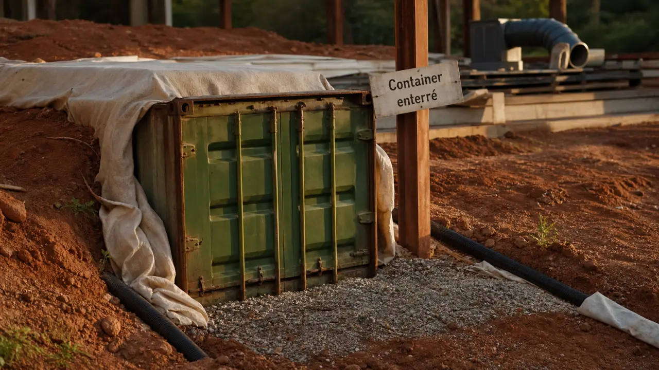 Enterrer un container maritime avec renforts et drainage chantier