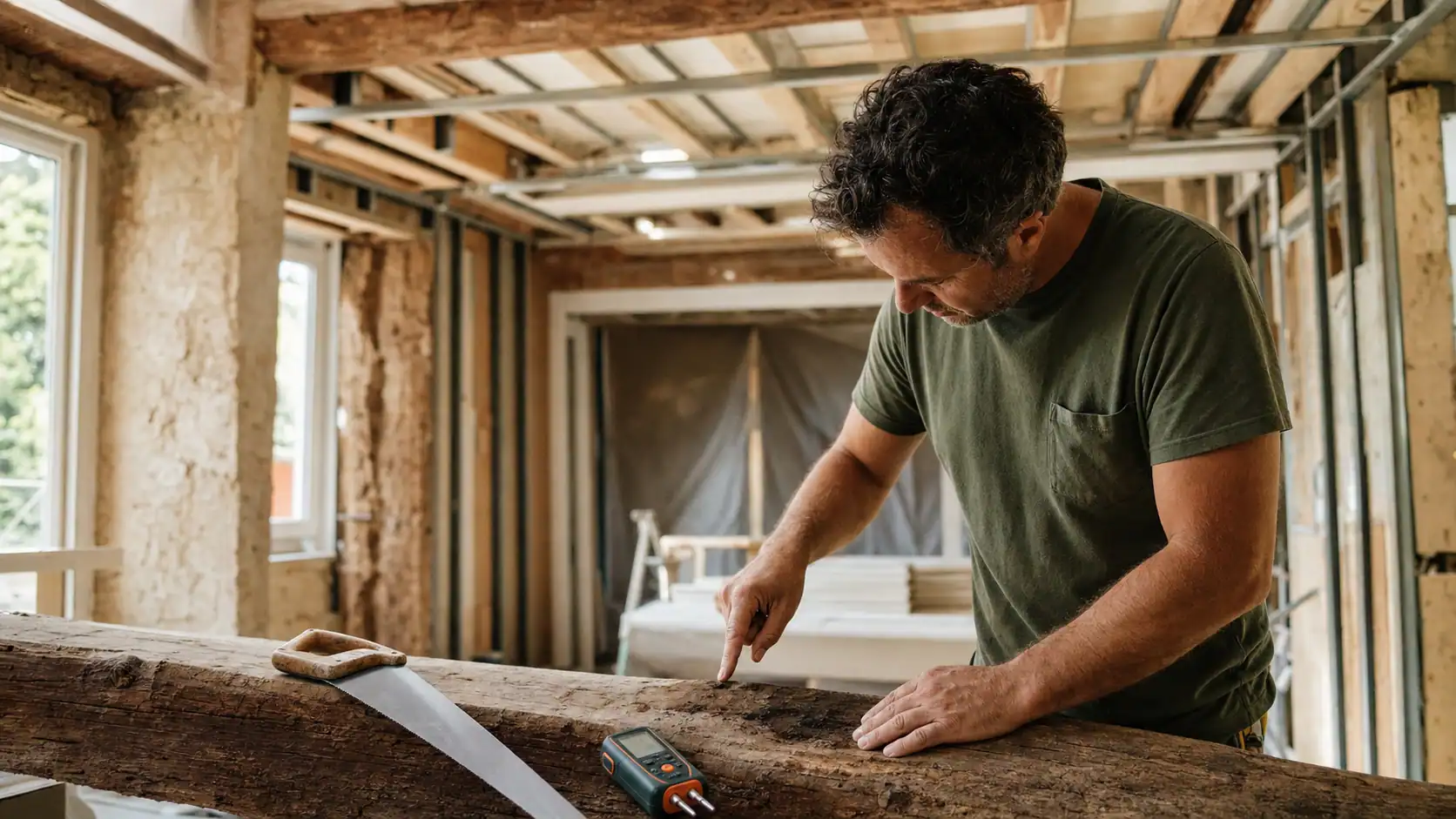 Habiller un plafond entre les poutres : diagnostic d’humidité et chantier