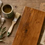 Huiler du bois : pot d’huile et chiffon sur planche fraîchement huilée
