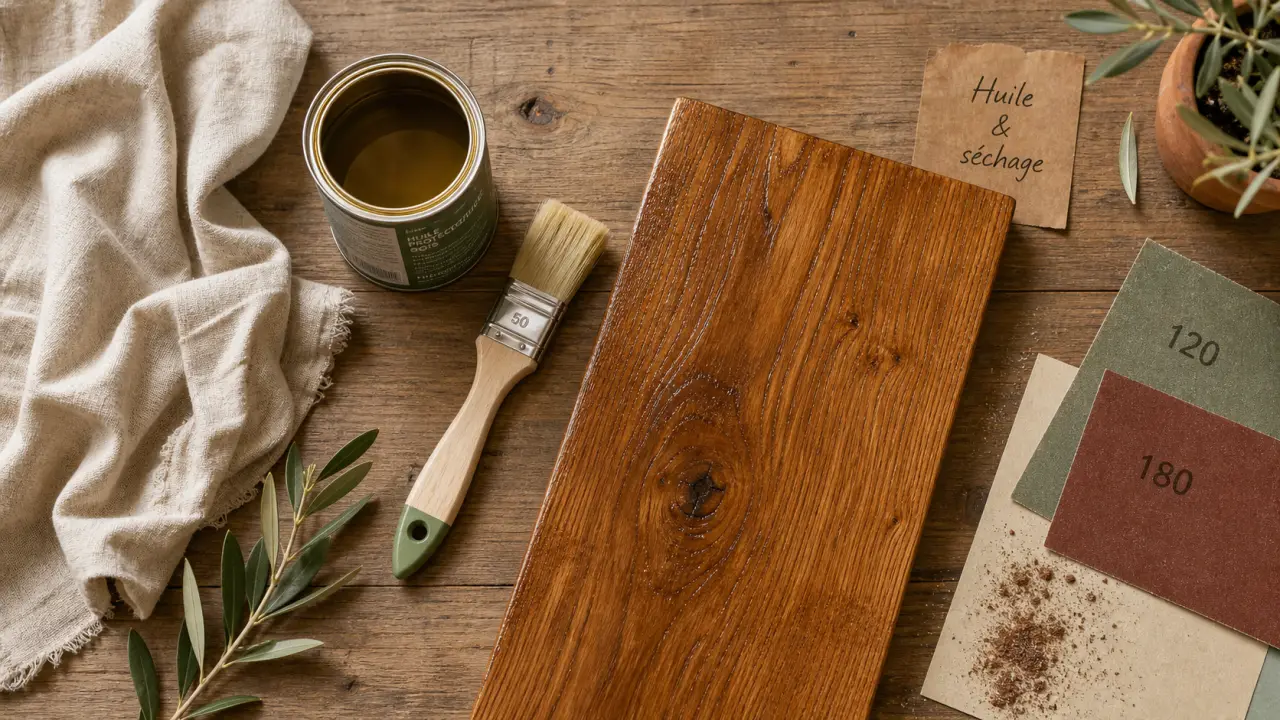 Huiler du bois : pot d’huile et chiffon sur planche fraîchement huilée