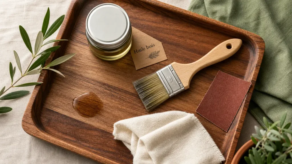 Huiler du bois : plateau huilé, chiffon et brosse, rendu naturel sans surépaisseur