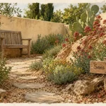 Jardin méditerranéen sans entretien, allée et aromatiques en fleurs