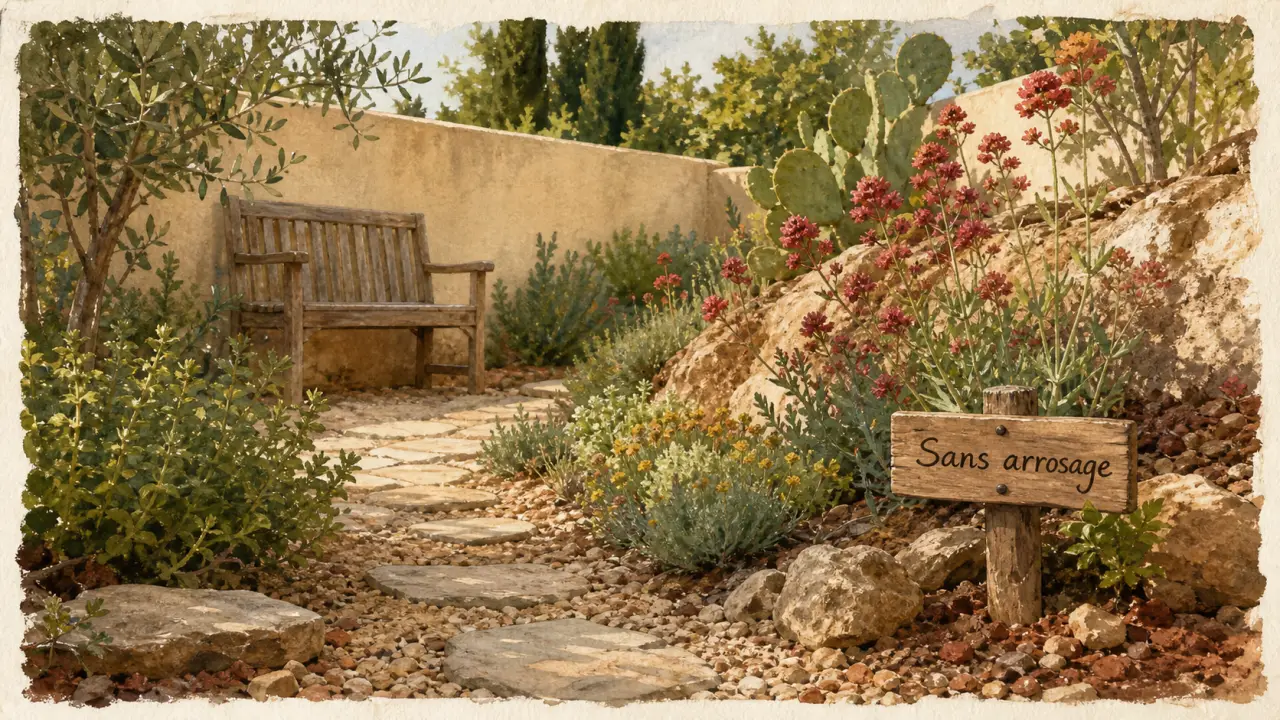 Jardin méditerranéen sans entretien, allée et aromatiques en fleurs