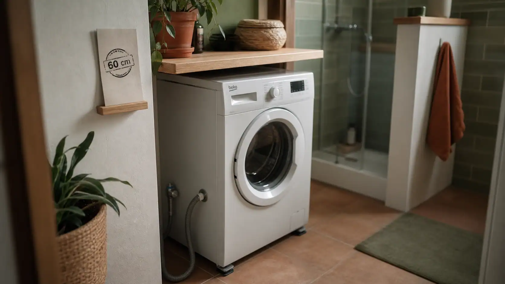 Lave linge salle de bain sous plan de travail, tuyaux visibles et installation sûre