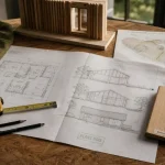 Maison en bois plan sur table de chantier, plans et ruban
