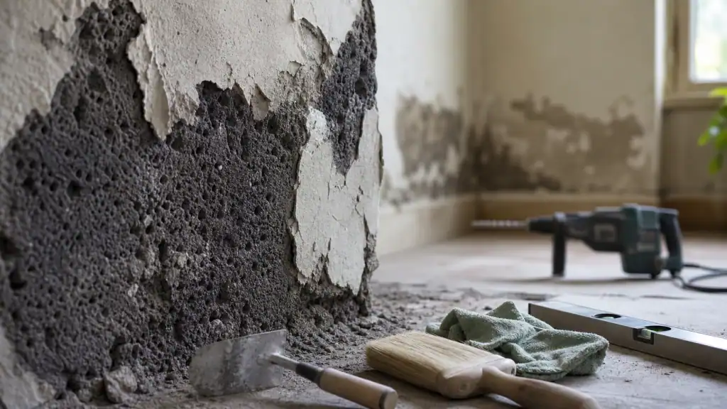 Mur machefer poreux avec enduit ancien, traces de salpêtre et outils de rénovation