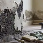 Mur machefer poreux avec enduit ancien, traces de salpêtre et outils de rénovation