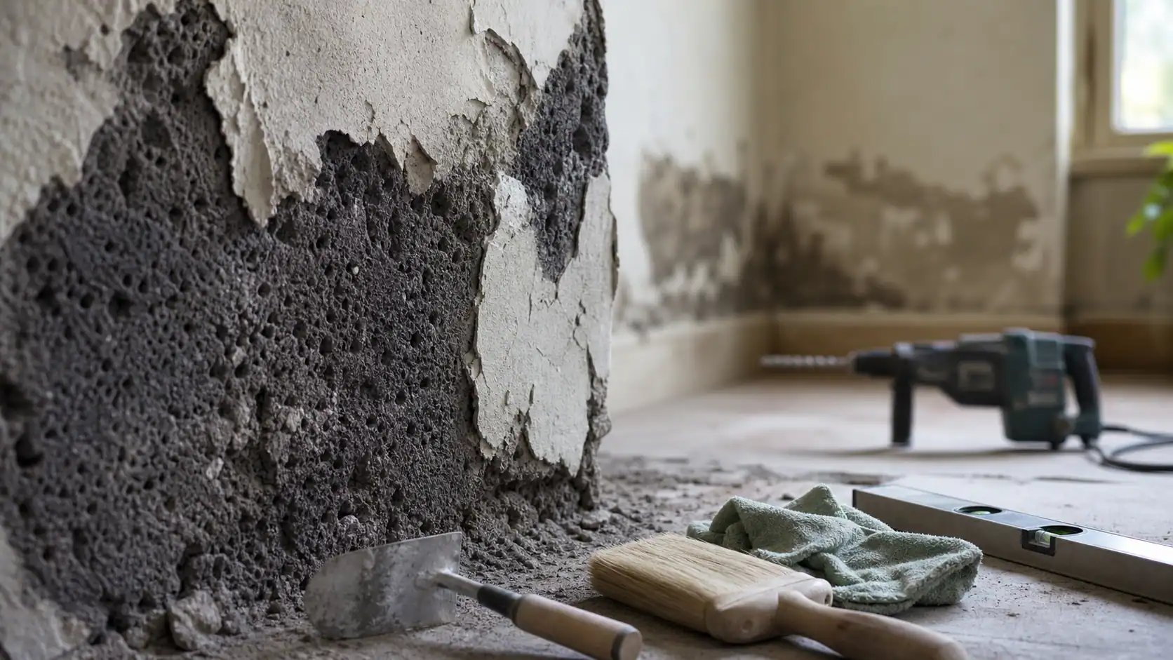 Mur machefer poreux avec enduit ancien, traces de salpêtre et outils de rénovation