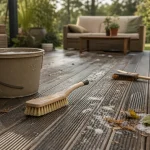 Nettoyer terrasse en composite : eau savonneuse, brosse et dépôts verts