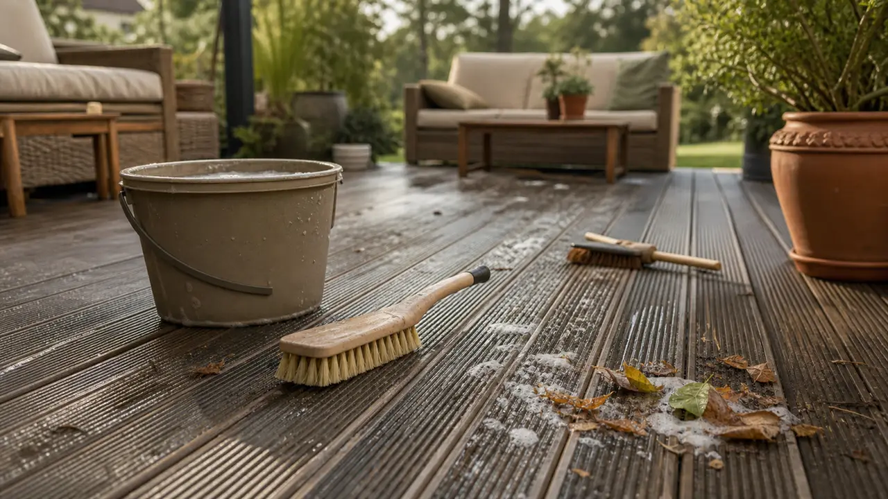 Nettoyer terrasse en composite : eau savonneuse, brosse et dépôts verts